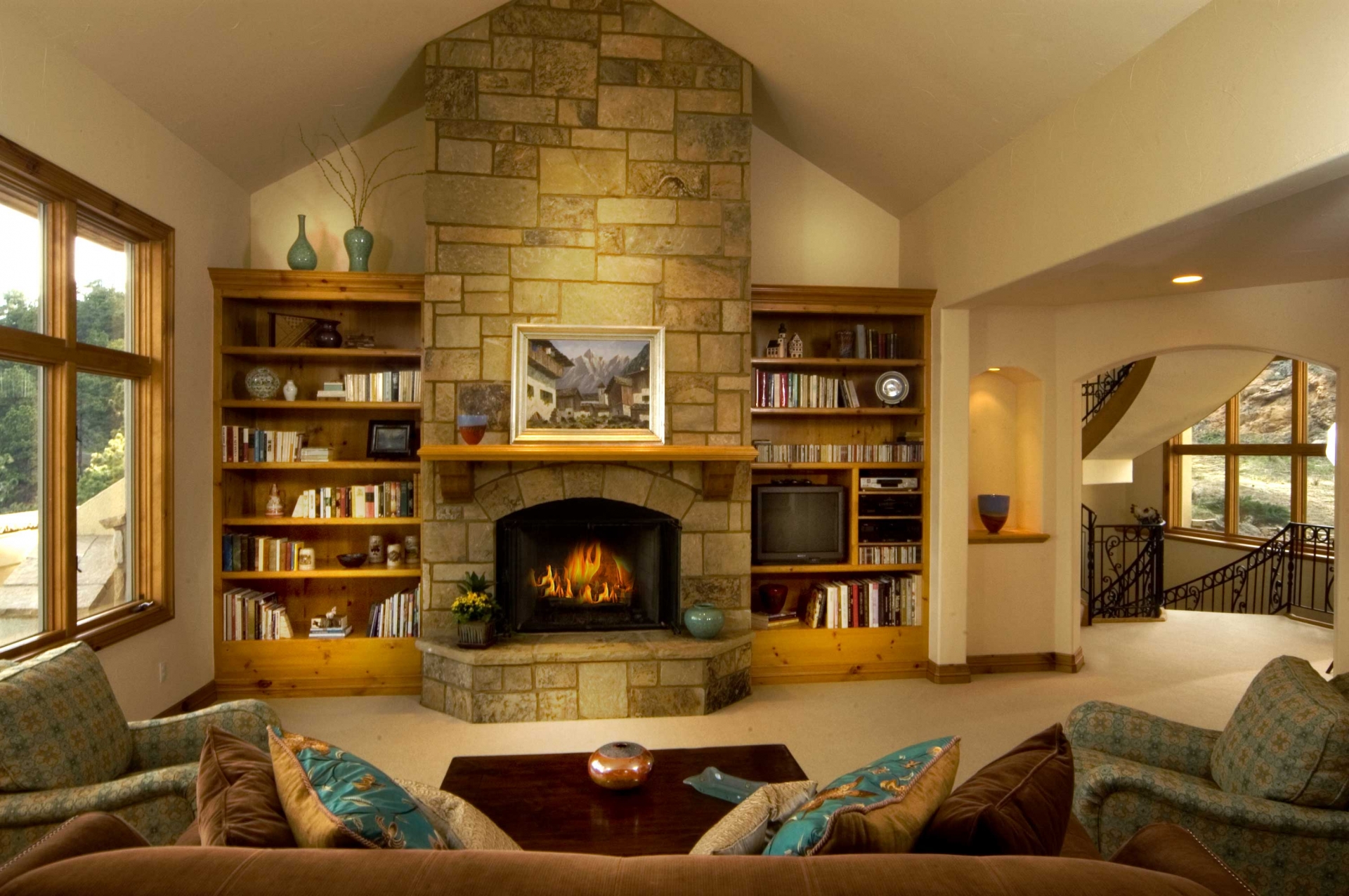 The idea of a fireplace in the living room of a country house