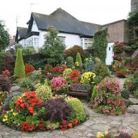 unusual landscape decor of the garden in the English style with flowers photo