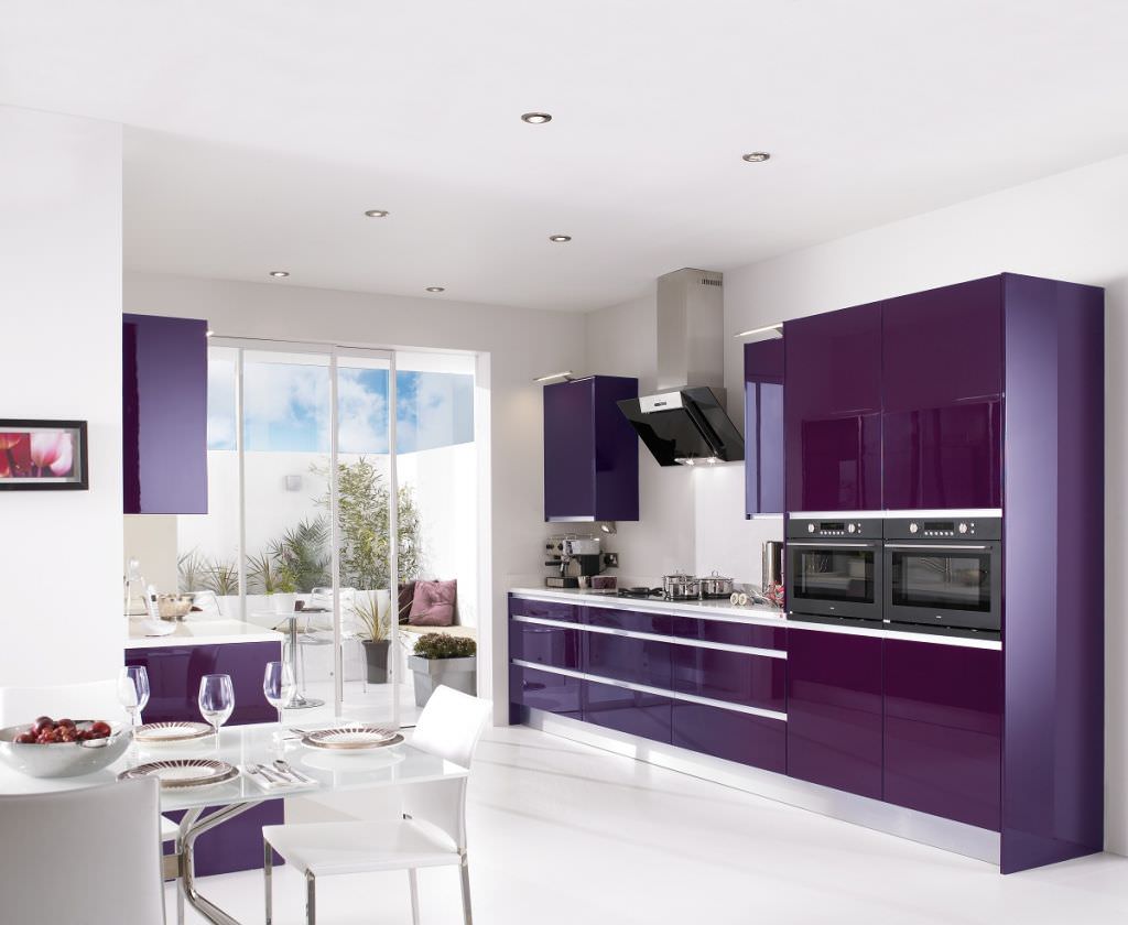 bright kitchen interior in purple