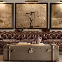 unusual interior of the living room with old suitcases photo