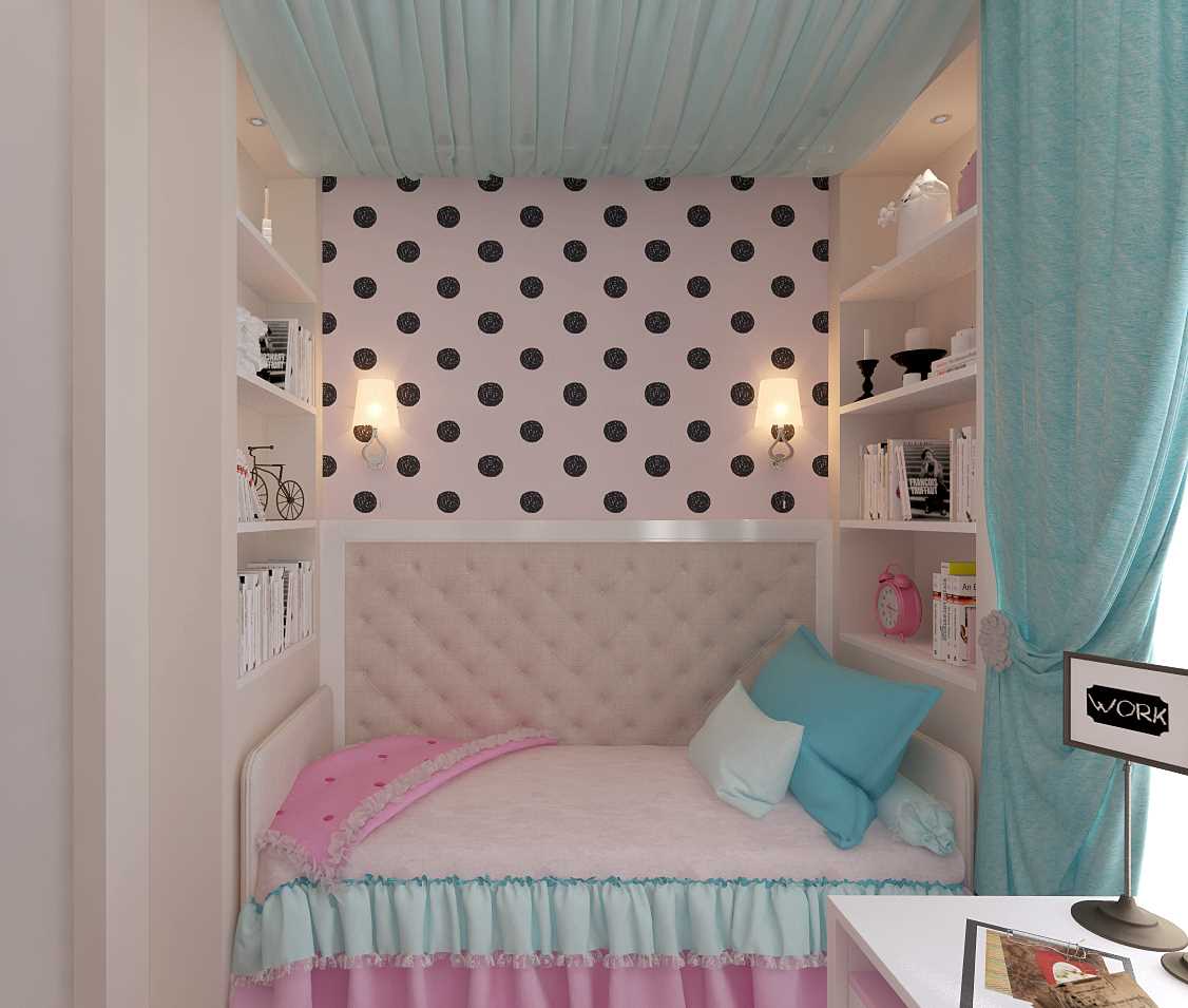 the idea of an unusual style of a children's room for a girl of 12 sq.m