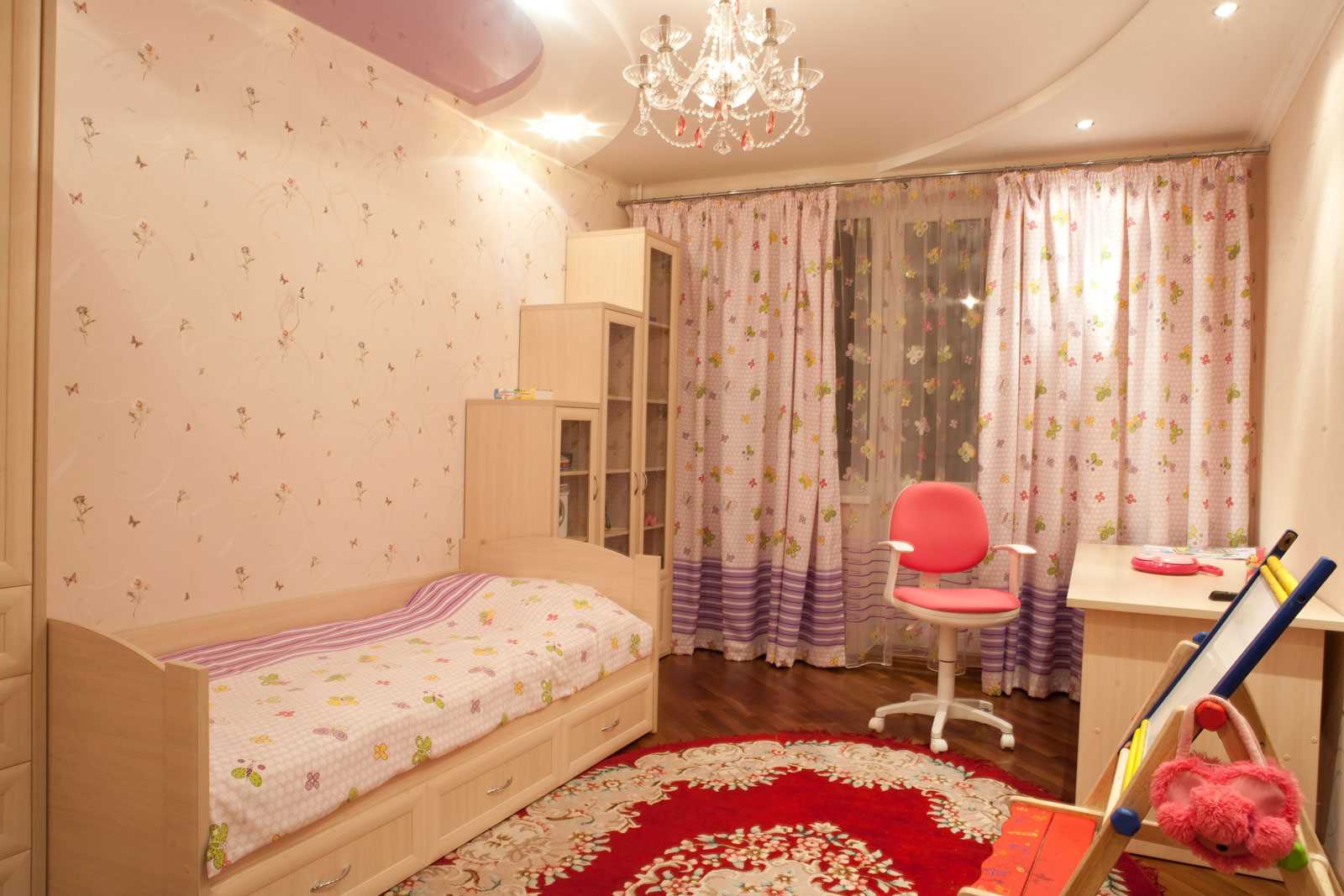 the idea of a bright design of a children's room for a girl of 12 sq.m