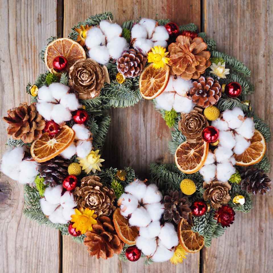 do-it-yourself idea of applying a bright decor of a Christmas wreath