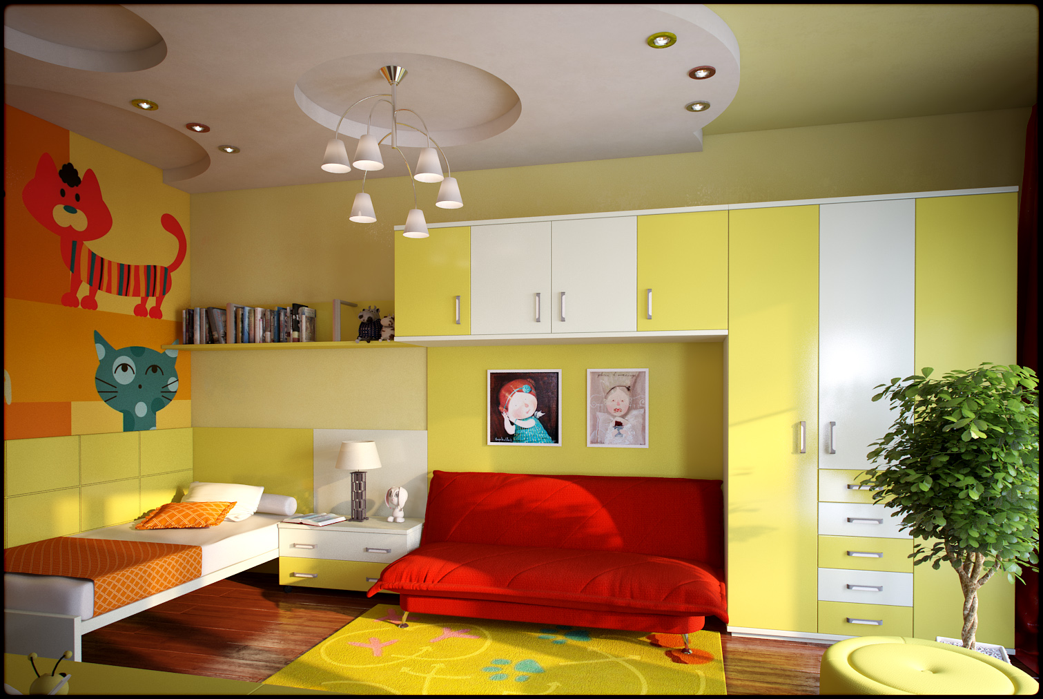 the idea of using beautiful yellow in the decor of the room