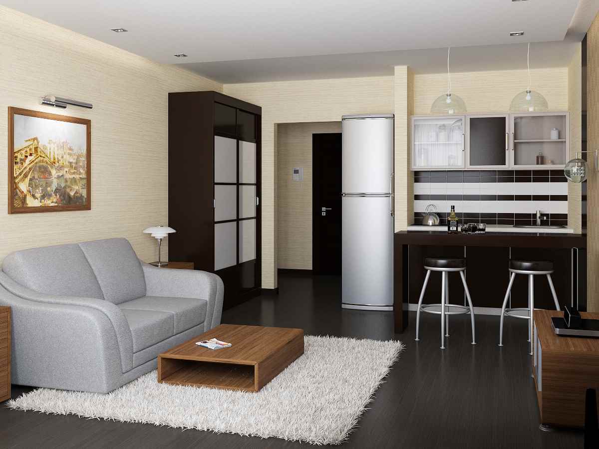 Un exemple d'intérieur de studio inhabituel est de 20 m²