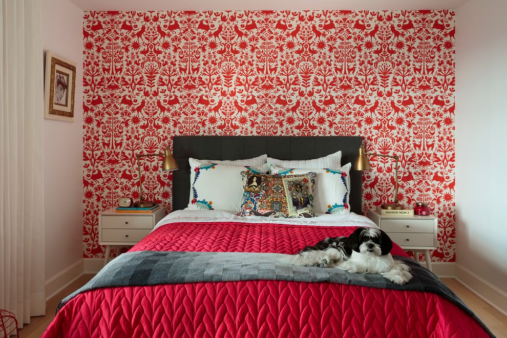 Decoration of the bedroom with red wallpaper