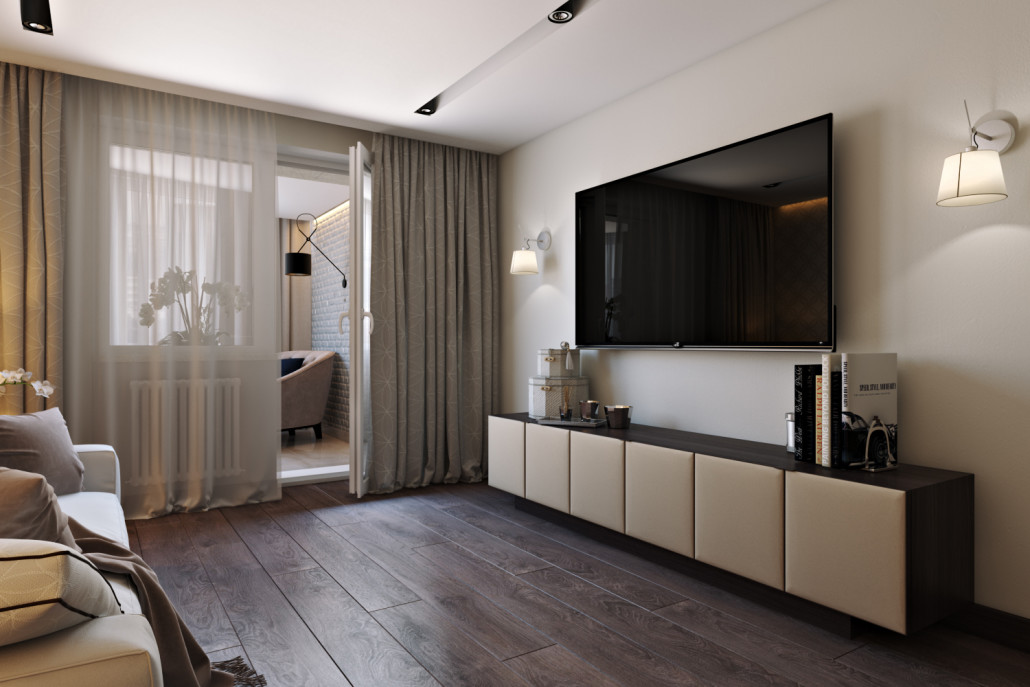 Grand téléviseur noir dans le salon avec une loggia