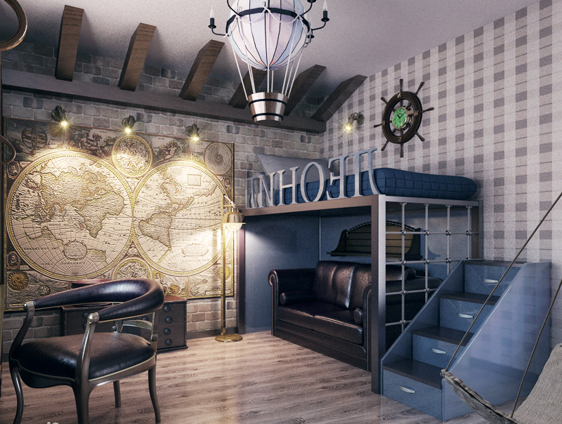 Vintage geographic map on the wall of a children's room