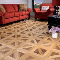 Red sofa on modular flooring