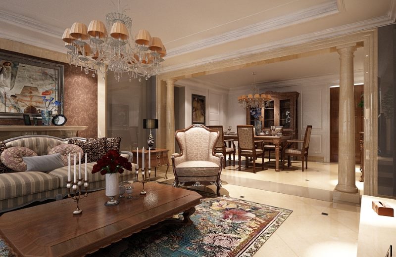 Deux colonnes décoratives dans un salon de style antique