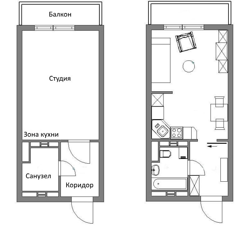 Layout of a studio apartment with an area of 25 sq m