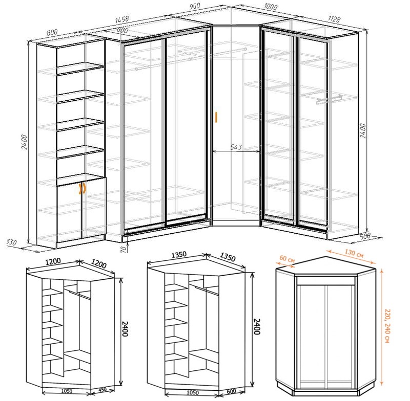 Diagrammes d'armoires d'angle cotées