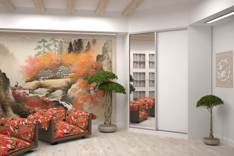 Meuble d'angle intégré avec porte miroir