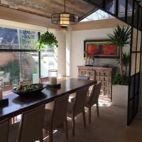 Wooden ceiling in the dining area of the kitchen