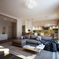 Corner sofa in gray studio apartment