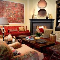 Painting from textile on the wall of the living room of a private house