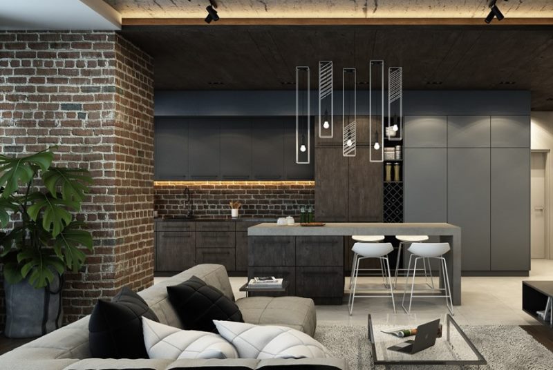 Design minimaliste de la cuisine et du salon