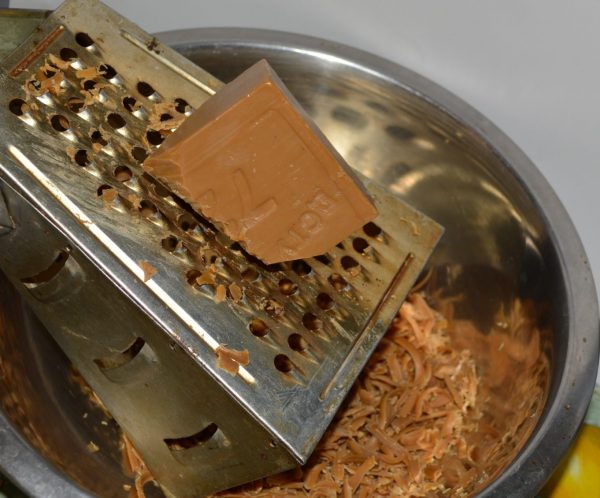 Rub the soap on a grater and dissolve in a water bath
